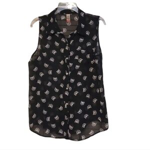 No Boundaries Sheer Sleeveless Kitty Cat Print Top, Size XL (15-17) Juniors